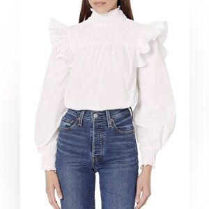 Cinq a Sept Womens River Ruffle Smocked Top Sz XL White Long Sleeve Cottagecore